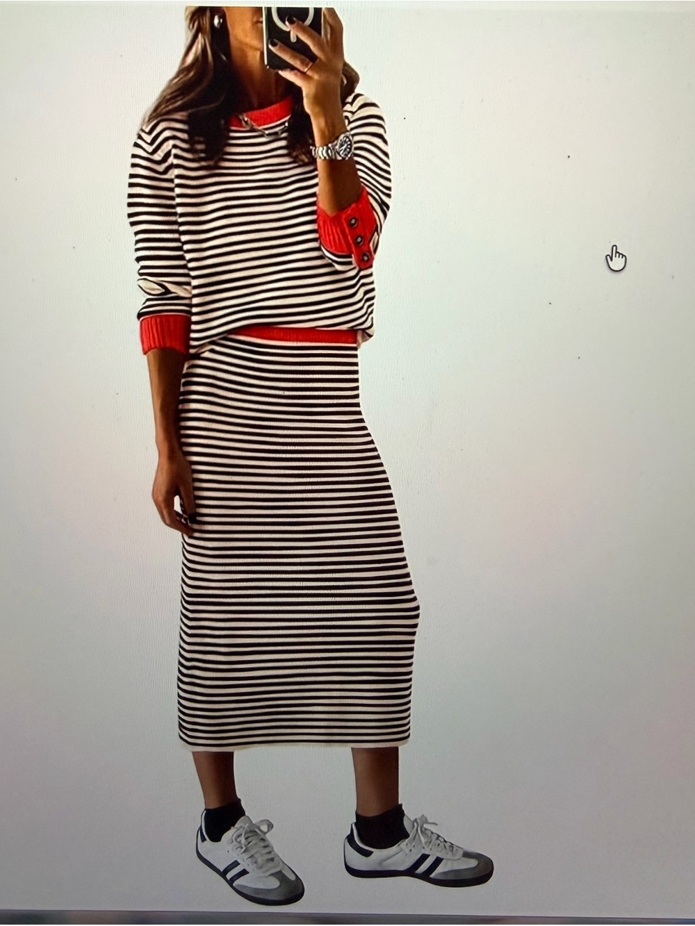 Striped Midi Knit Skirt & Sweater in Black and Beige Stripes w/ Orange Accents